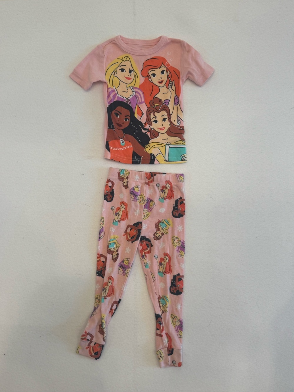 Disney Girls Pink Princess Pajama Set with Multicolor Character Art
